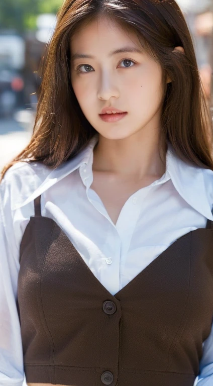 ((Highest quality, 8K, masterpiece :1.3)), Sharp focus :1.2, Beautiful woman with perfect figure :1.4, Slim Abs :1.2, ((Dark brown hair, Big Breasts :1.2)), (White button-up long shirt :1.1), City Street:1.2, Highly detailed face and skin texture, Fine grain, double eyelid NSFW