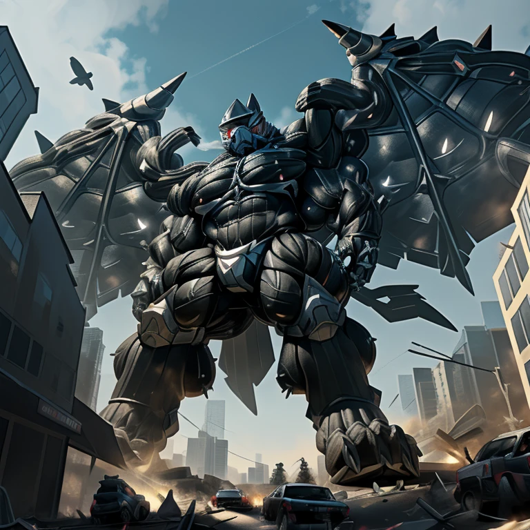 (masterpiece. official art. 8k. best quality. detailed full body. full body.)
(situation 1 : dominating LUCARIO. focus GIANT mechanical Muscular LUCARIO is trampling the CITY. macro. stomp. Low-angle perspective. emphasizing the immense size. The perspective is from below, emphasizing the sheer majesty and power of the Giant. giant art. He is much bigger than a skyscraper. Giga Giants. micro soccer field. looking down.)

(situation 2 :smoke and flames rising from the destruction in the city)

(Additional details 1: wearing a full-face helmet. helmet is jet black. The color of NANOSUIT is jet black. high-tech bio-mecha armor. real texture material. whole body shines like metal. Wearing cyberpunk mecha. emphasizes the muscles. suit fully made of metal. intricate armor. Robotic suit. suit fully made of metal. NANOSUIT with the same design as LUCARIO.). (Lucario has 5 toes.)

(Additional details 2: (Detailed head. Detailed Body. Detailed abs. gigantic muscles. HYPER MUSCLES. Gigachad Muscular. big muscle. pecs. triceps. traps. unusually developed muscular body. body full of huge muscles. showing off muscles. pectorales enormes. Exaggeratedly huge muscles. huge muscles. long legs.).

(Additional details 3: nj5furry, Spread wings. It has wings. black have big wings. The claws are sharp. Sharp teeth.5 toes.). 