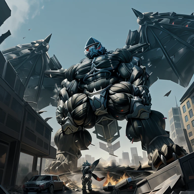 (masterpiece. official art. 8k. best quality. detailed full body. full body.)
(situation 1 : dominating LUCARIO. focus GIANT mechanical Muscular LUCARIO is trampling the CITY. macro. stomp. Low-angle perspective. emphasizing the immense size. The perspective is from below, emphasizing the sheer majesty and power of the Giant. giant art. He is much bigger than a skyscraper. Giga Giants. micro soccer field. looking down.)
(situation 2 :smoke and flames rising from the destruction in the city)
(Additional details 1: wearing a full-face helmet. helmet is jet black. The color of NANOSUIT is jet black. high-tech bio-mecha armor. real texture material. whole body shines like metal. Wearing cyberpunk mecha. emphasizes the muscles. suit fully made of metal. intricate armor. Robotic suit. suit fully made of metal. NANOSUIT with the same design as LUCARIO.). (Lucario has 5 toes.)
(Additional details 2: (Detailed head. Detailed Body. Detailed abs. gigantic muscles. HYPER MUSCLES. Gigachad Muscular. big muscle. pecs. triceps. traps. unusually developed muscular body. body full of huge muscles. showing off muscles. pectorales enormes. Exaggeratedly huge muscles. huge muscles. long legs.).
(Additional details 3: nj5furry, Spread wings. It has wings. black have big wings. The claws are sharp. Sharp teeth.5 toes.).