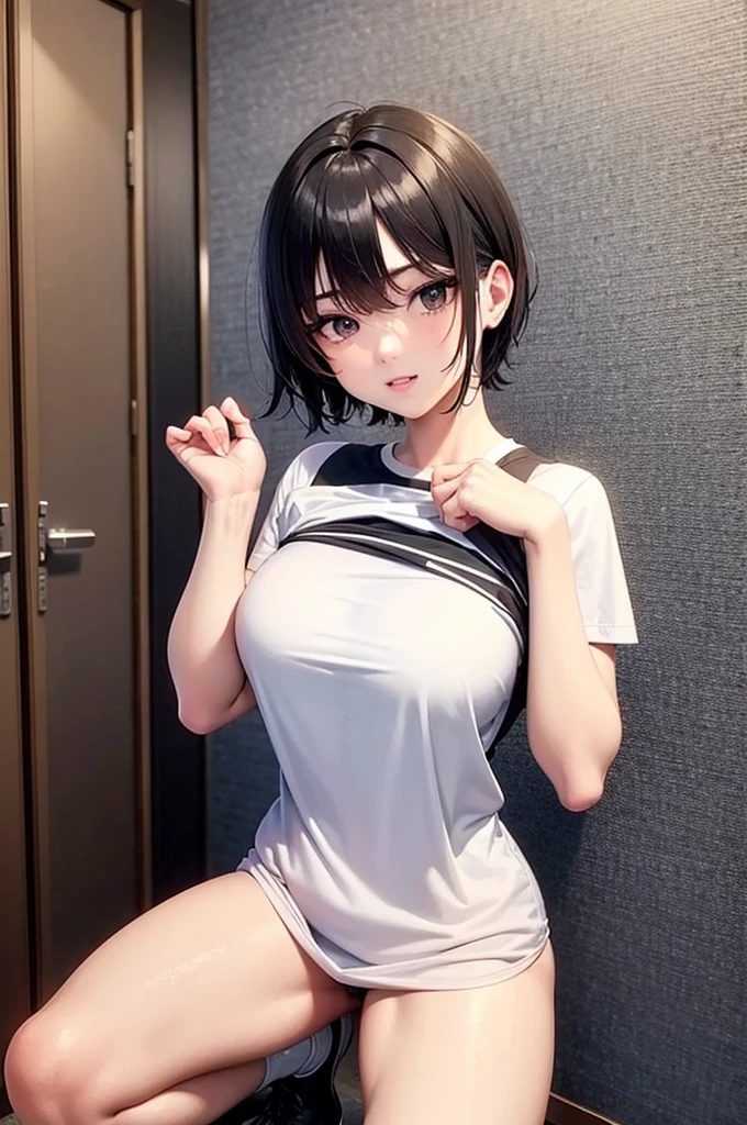 South korean movie actress :Football player , football team name : manchester united, 1girl, beautiful face, muscular slender body, hair color : gray white, hair style : very short hair Tapered With Fade And Textured Curls, 21 year old, anime style background , full body focus, well detailed, high resolution 8k, age:23, jersey t-shirt color : white & black , background : anime style news postor, full body focus, skin colour : brown,