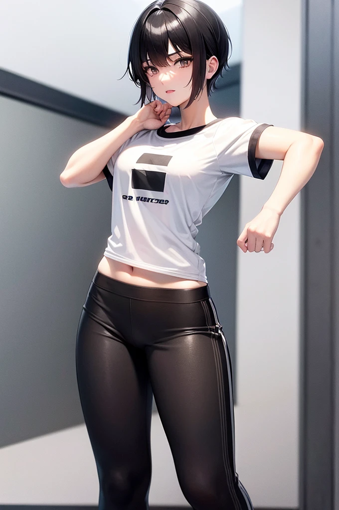 South korean movie actress :Football player , football team name : manchester united, 1girl, beautiful face, muscular slender body, hair color : gray white, hair style : very short hair Tapered With Fade And Textured Curls, 21 year old, anime style background , full body focus, well detailed, high resolution 8k, age:23, jersey t-shirt color : white & black , background : anime style news postor, full body focus, skin colour : brown,