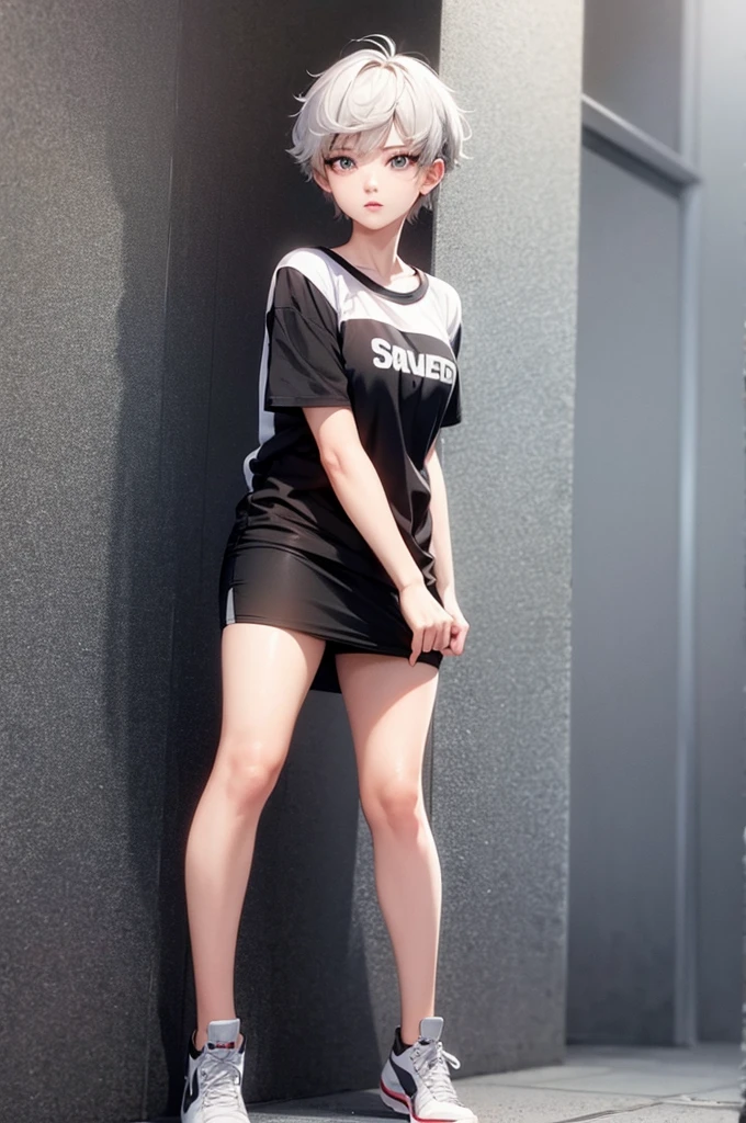 South korean movie actress :Football player , football team name : manchester united, 1girl, beautiful face, muscular slender body, hair color : gray white, hair style : very short hair Tapered With Fade And Textured Curls, 21 year old, anime style background , full body focus, well detailed, high resolution 8k, age:23, jersey t-shirt color : white & black , background : anime style news postor, full body focus, skin colour : brown,
