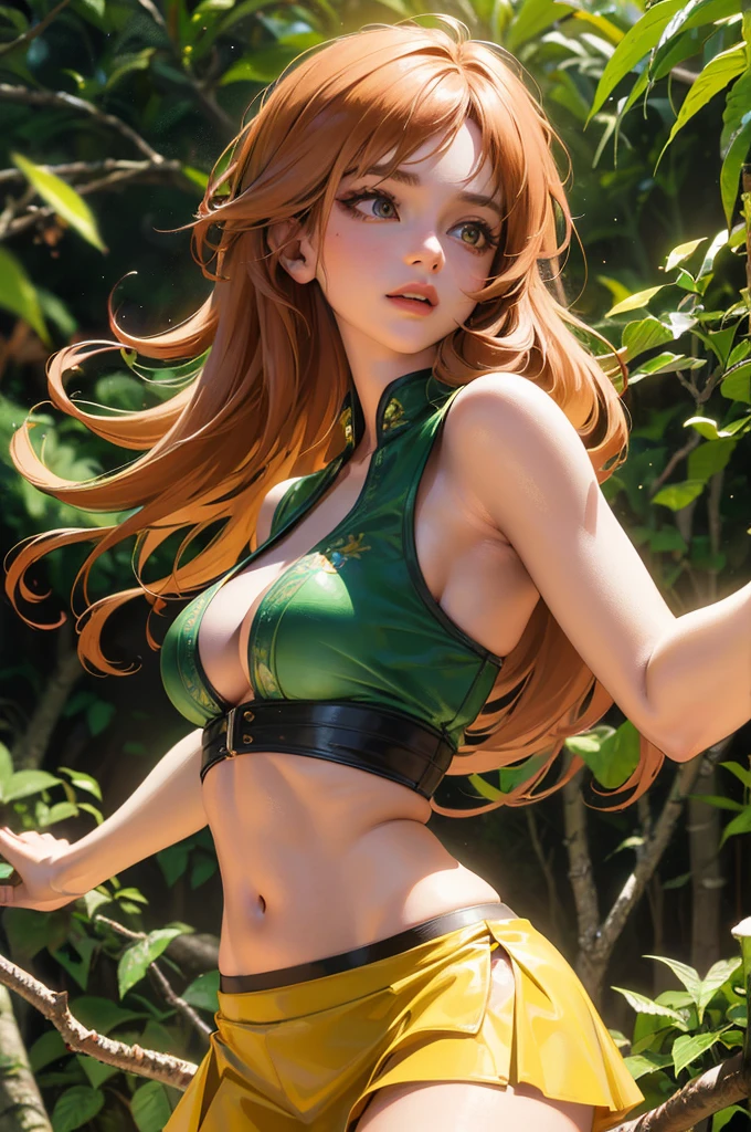 a young woman with tanned skin, amber eyes, short reddish-blonde hair, wearing a torn top and torn skirt, in a jungle setting, (best quality,4k,8k,highres,masterpiece:1.2),ultra-detailed,(realistic,photorealistic,photo-realistic:1.37),detailed portrait,detailed jungle environment,warm color tones,natural lighting,cinematic composition,intricate details,lush foliage,vines,flowers,birds,butterflies