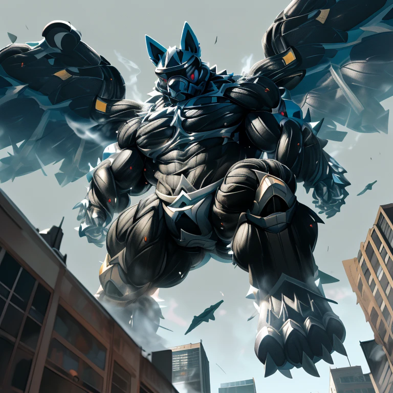 (masterpiece. official art. 8k. best quality. detailed full body. full body.)
(situation 1 : dominating LUCARIO. focus GIANT mechanical Muscular LUCARIO is trampling the CITY. macro. stomp. Low-angle perspective. emphasizing the immense size. The perspective is from below, emphasizing the sheer majesty and power of the Giant. giant art. He is much bigger than a skyscraper. Giga Giants. micro soccer field. looking down.)

(situation 2 :smoke and flames rising from the destruction in the city)

(Additional details 1: wearing a full-face helmet. helmet is jet black. The color of NANOSUIT is jet black. high-tech bio-mecha armor. real texture material. whole body shines like metal. Wearing cyberpunk mecha. emphasizes the muscles. suit fully made of metal. intricate armor. Robotic suit. suit fully made of metal. NANOSUIT with the same design as LUCARIO.). (Lucario has 5 toes.)

(Additional details 2: (Detailed head. Detailed Body. Detailed abs. gigantic muscles. HYPER MUSCLES. Gigachad Muscular. big muscle. pecs. triceps. traps. unusually developed muscular body. body full of huge muscles. showing off muscles. pectorales enormes. Exaggeratedly huge muscles. huge muscles. long legs.).

(Additional details 3: nj5furry, Spread wings. It has wings. black have big wings. The claws are sharp. Sharp teeth.5 toes.). 