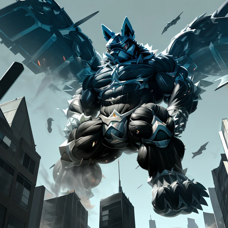 (masterpiece. official art. 8k. best quality. detailed full body. full body.)
(situation 1 : dominating LUCARIO. focus GIANT mechanical Muscular LUCARIO is trampling the CITY. macro. stomp. Low-angle perspective. emphasizing the immense size. The perspective is from below, emphasizing the sheer majesty and power of the Giant. giant art. He is much bigger than a skyscraper. Giga Giants. micro soccer field. looking down.)

(situation 2 :smoke and flames rising from the destruction in the city)

(Additional details 1: wearing a full-face helmet. helmet is jet black. The color of NANOSUIT is jet black. high-tech bio-mecha armor. real texture material. whole body shines like metal. Wearing cyberpunk mecha. emphasizes the muscles. suit fully made of metal. intricate armor. Robotic suit. suit fully made of metal. NANOSUIT with the same design as LUCARIO.). (Lucario has 5 toes.)

(Additional details 2: (Detailed head. Detailed Body. Detailed abs. gigantic muscles. HYPER MUSCLES. Gigachad Muscular. big muscle. pecs. triceps. traps. unusually developed muscular body. body full of huge muscles. showing off muscles. pectorales enormes. Exaggeratedly huge muscles. huge muscles. long legs.).

(Additional details 3: nj5furry, Spread wings. It has wings. black have big wings. The claws are sharp. Sharp teeth.5 toes.). 