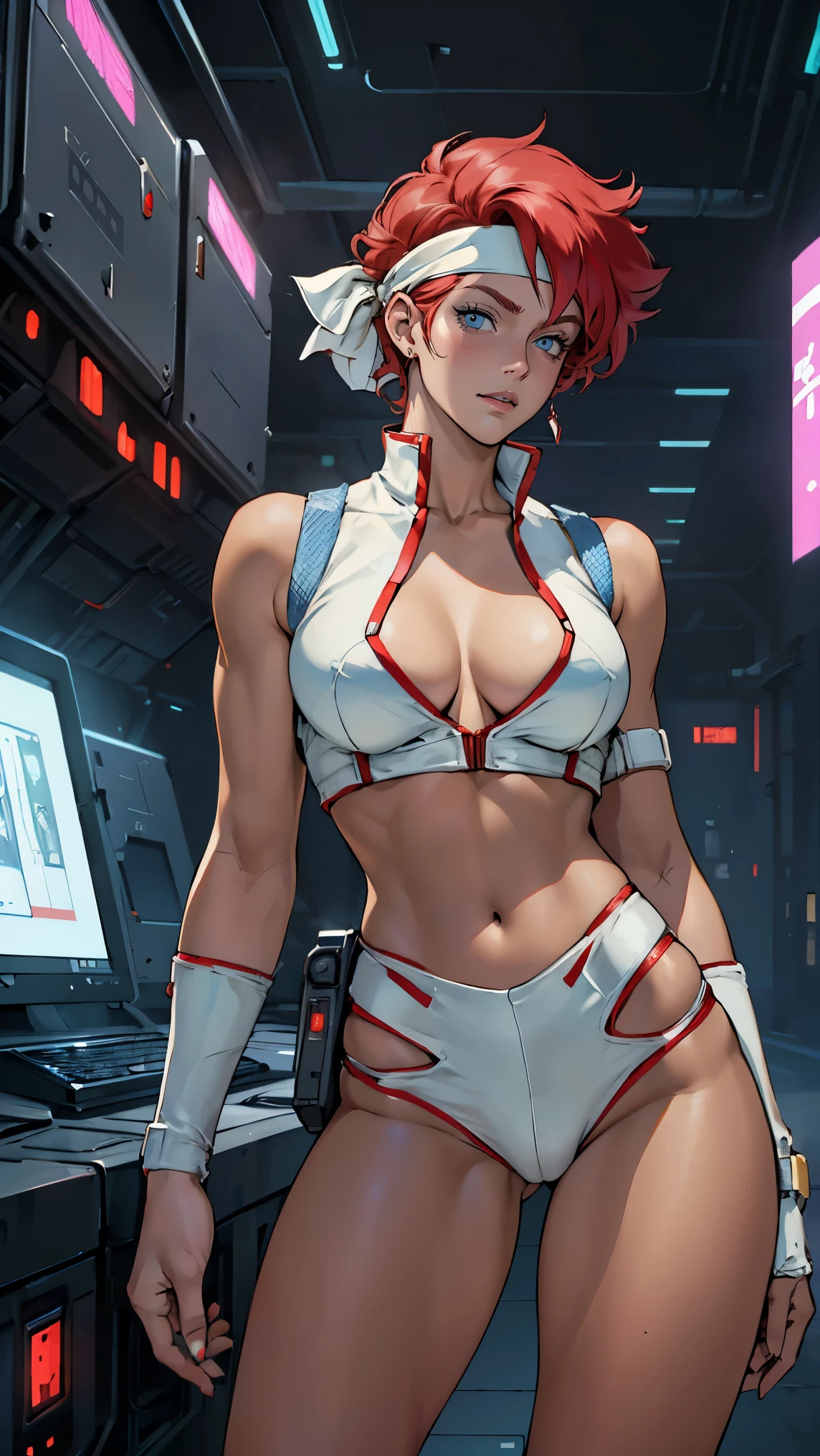 ((Masterpiece, highest quality; 1.3)), super quality, beautiful detail, super detailed, extra fine, 16K, exquisite, absurd, high resolution, beautiful background, detailed background, beautiful eyes, beautiful skin, anime style, Kay from Dirty Pair in a white outfit, tight outfit, cleavage, bushy redhead beauty, very light blue uniform, wearing tight clothes, skimpy, (mid chest: 1.2), cleavage, cleavage, slim waist , thin waist, slim thighs, thin legs, slim legs. thigh gap, showing stomach, skinny, thin hips, cyberpunk city background, retro space gun holding, headband, 