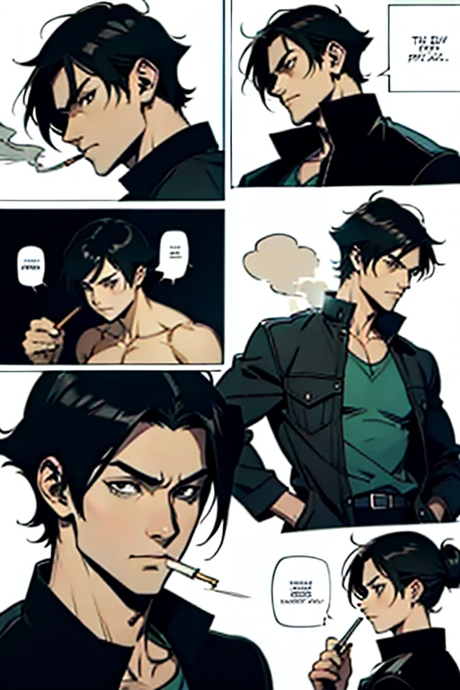  Guy with short black hair angry and smoking, manga page with panels and dialogue    