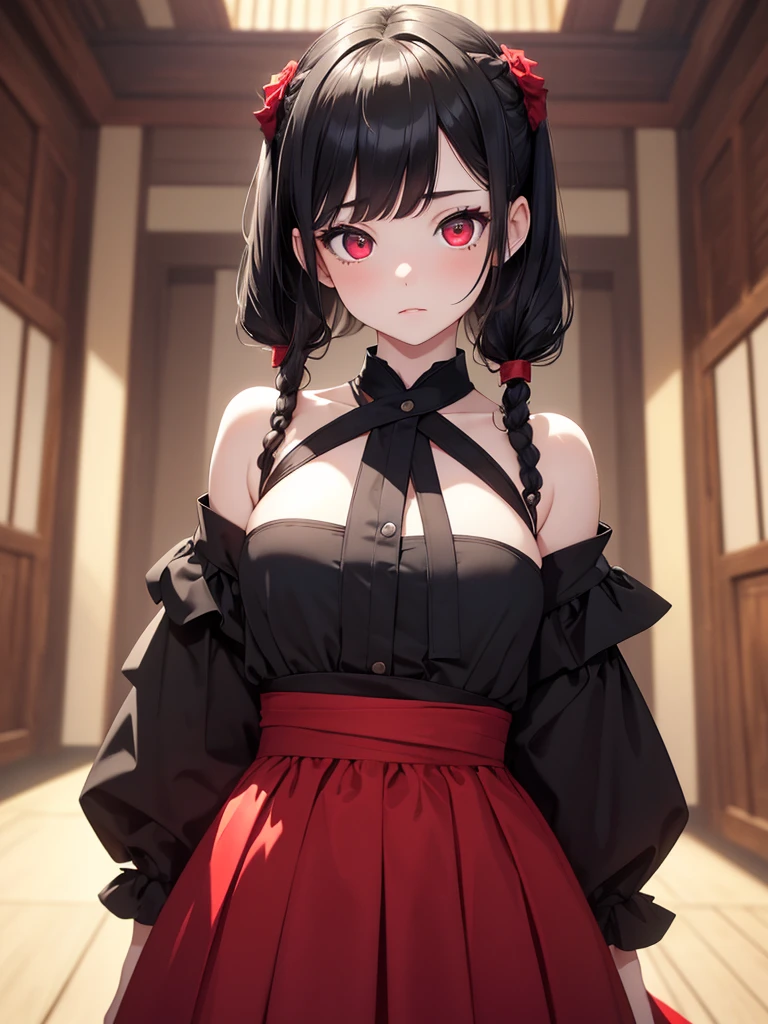 (8K, Best Quality, Masterpiece, Ultra High Resolution) 1 Girl, Young Girl, Beautiful Eyes, Face Details, Black Hair, Pigtail Braids, Red Eyes, Pale Skin, Short Formal Dress, Cute Black Dress, Standing in Japanese Castle, Masterpiece, Best Quality, Upper Body, Looking at the Viewer, Close Up