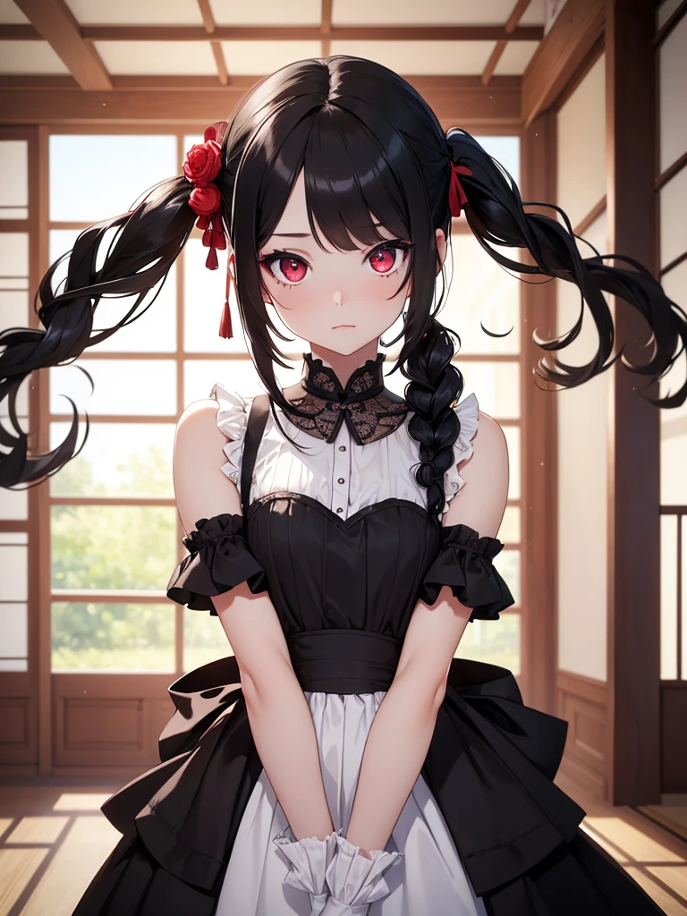 (8K, Best Quality, Masterpiece, Ultra High Resolution) 1 Girl, Young Girl, Beautiful Eyes, Face Details, Black Hair, Pigtail Braids, Red Eyes, Pale Skin, Short Formal Dress, Cute Black Dress, Standing in Japanese Castle, Masterpiece, Best Quality, Upper Body, Looking at the Viewer, Close Up