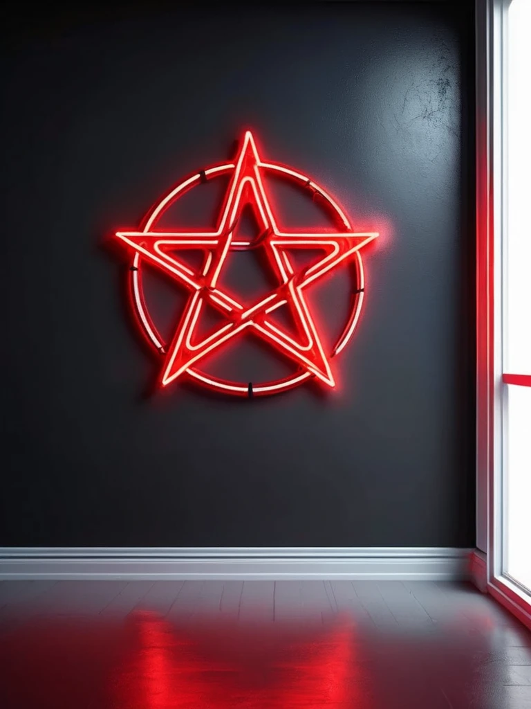 (White background), inverted pentagram symbol, neon lights drawn on the wall, Red color, black and dark gray, scary environment, SMOOTH WHITE WALL BACKGROUND