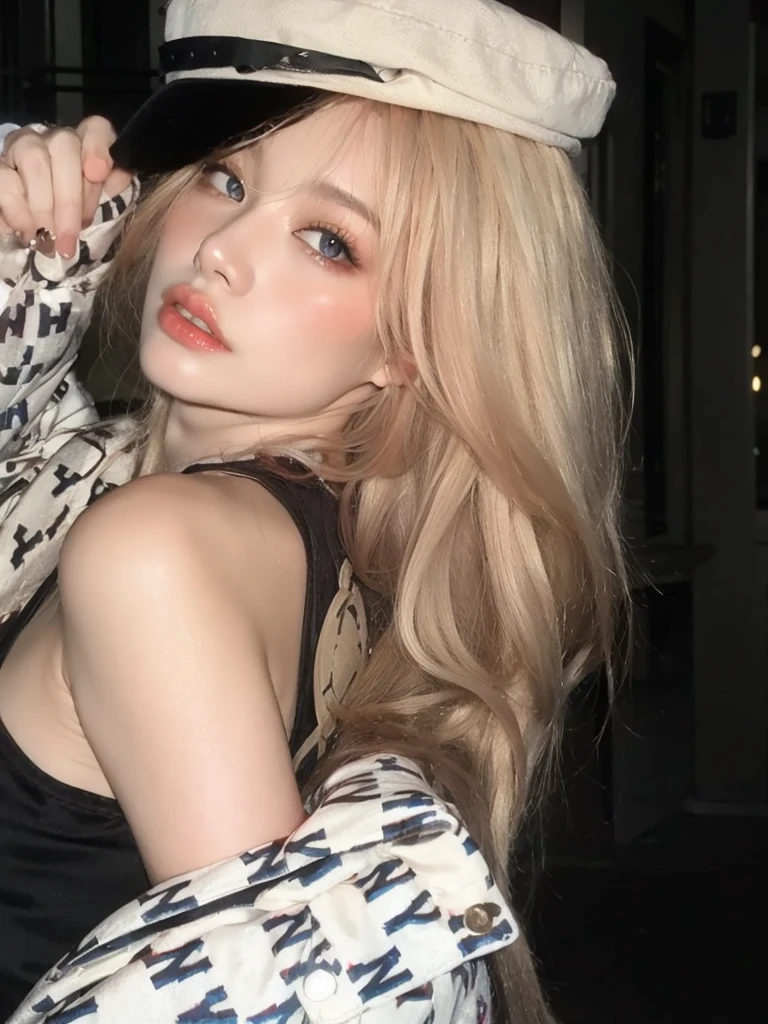 Blonde woman with a hat and scarf posing for a photo, Parque Roseanne do Blackpink, Lalisa Manoban do Blackpink, Lalisa Manobal, ava max, Retrato de Jossi de Blackpink, jennie blackpink, jossi do blackpink, Ulzzang, pale fair skin!!, extremely pale blond hair, com longos cabelos loiros, pale skin curly blond hair