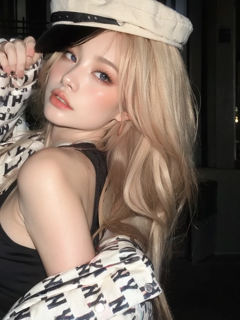 Blonde woman with a hat and scarf posing for a photo, Parque Roseanne do Blackpink, Lalisa Manoban do Blackpink, Lalisa Manobal, ava max, Retrato de Jossi de Blackpink, jennie blackpink, jossi do blackpink, Ulzzang, pale fair skin!!, extremely pale blond hair, com longos cabelos loiros, pale skin curly blond hair