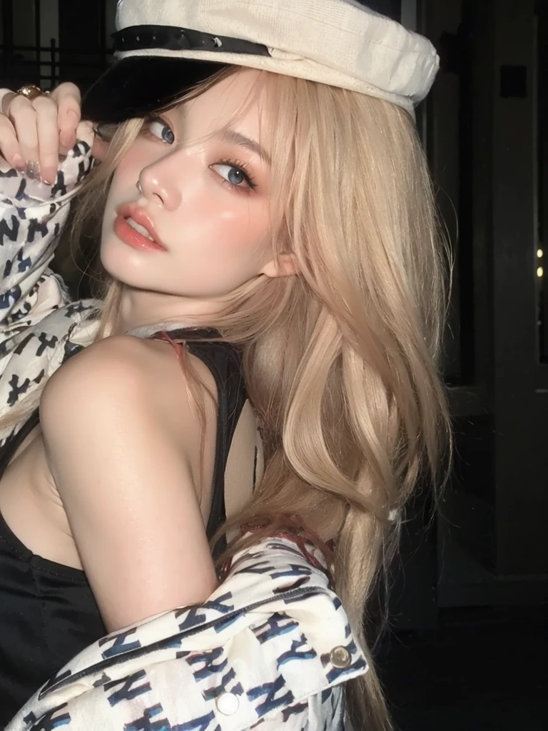 Blonde woman with a hat and scarf posing for a photo, Parque Roseanne do Blackpink, Lalisa Manoban do Blackpink, Lalisa Manobal, ava max, Retrato de Jossi de Blackpink, jennie blackpink, jossi do blackpink, Ulzzang, pale fair skin!!, extremely pale blond hair, com longos cabelos loiros, pale skin curly blond hair