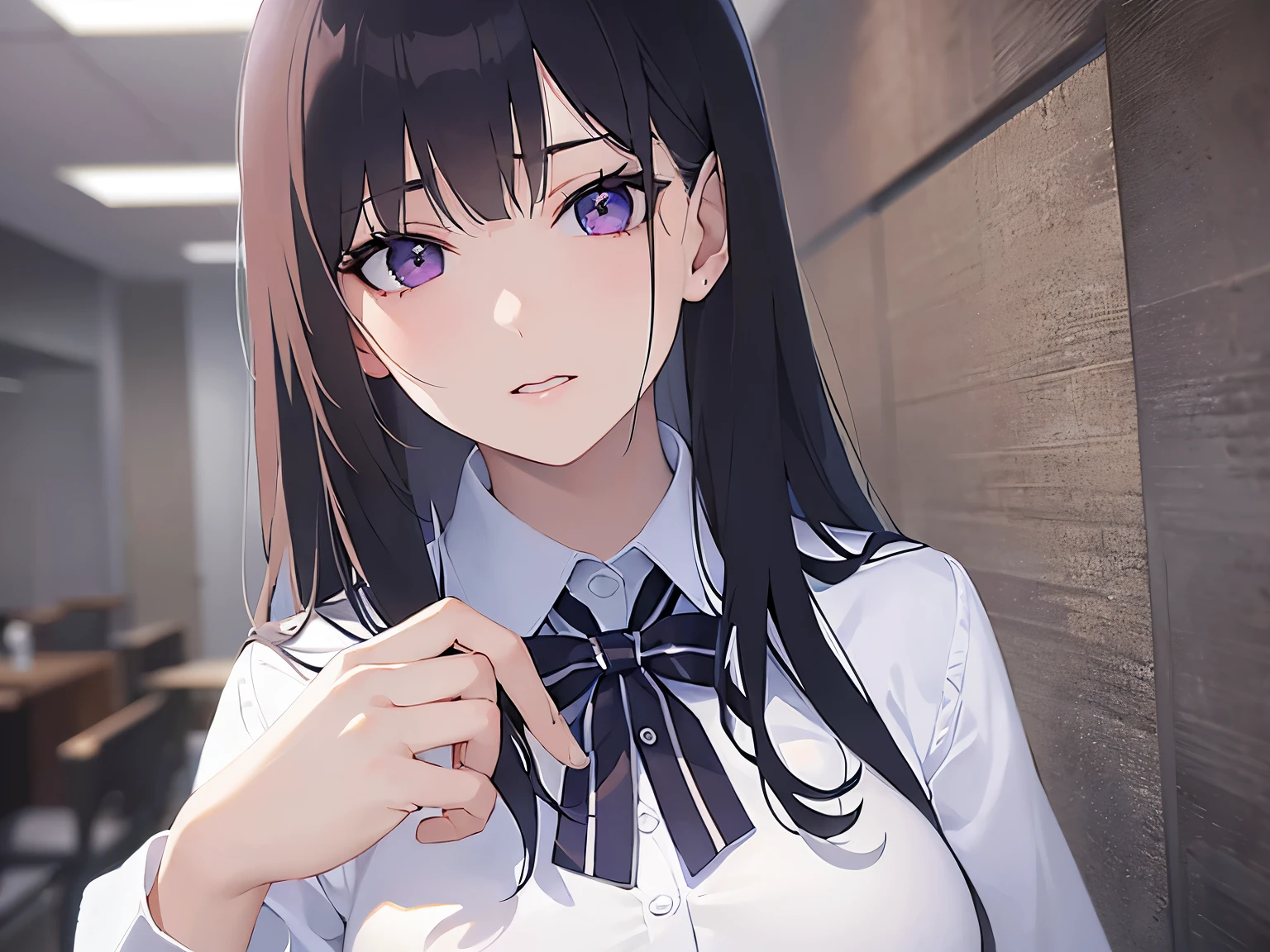 Detailed CG, Ultra-fine illustrations,masterpiece,highest quality, AW Photos,Realistic,Upper Body,BREAK(white collared shirt:1.5)BREAK,(Pale skin:1.2),Shiny skin Shiny Hair,(A 26-year-old woman with straight hair and bangs)and(Medium Hair)and(Black Hair)and(Purple eyes),(expressionless:1.3)(Biologically correct5Fingesurprised)and(missing fingers),The background is the company reception desk,upper body,alone