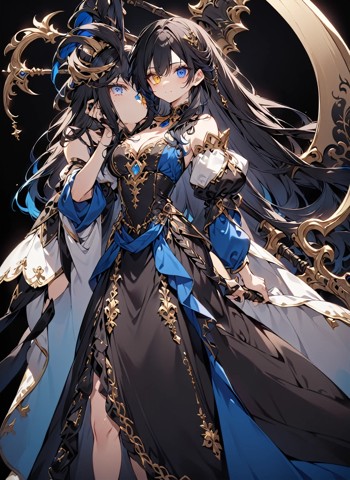 Anime girl, black hair with blue gradient at the tips, eyes with blue and gold heterochromia, blue and black Renaissance dress with gold details, carrying a scythe, on a black background