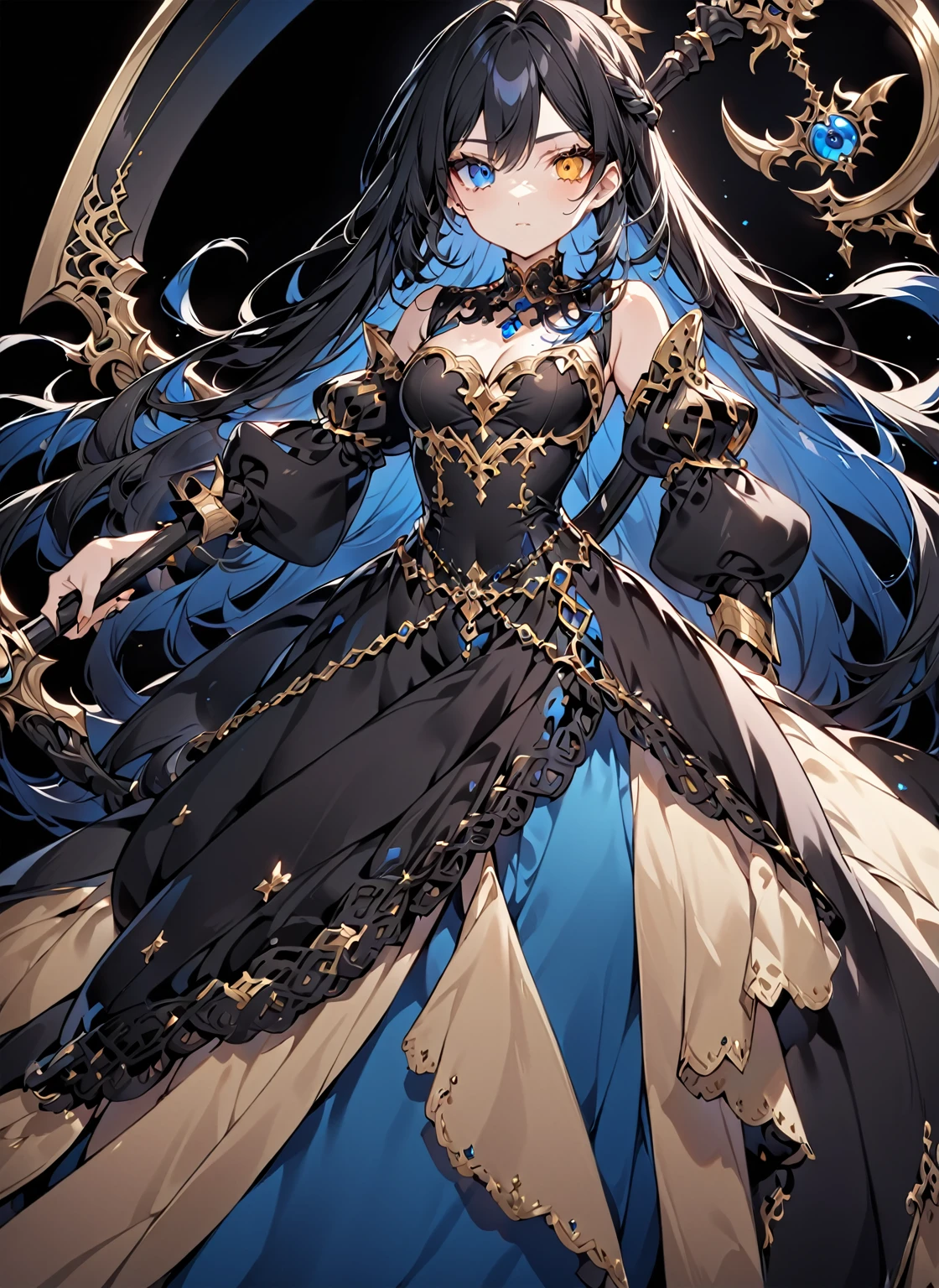 Anime girl, black hair with blue gradient at the tips, eyes with blue and gold heterochromia, blue and black Renaissance dress with gold details, carrying a scythe, on a black background