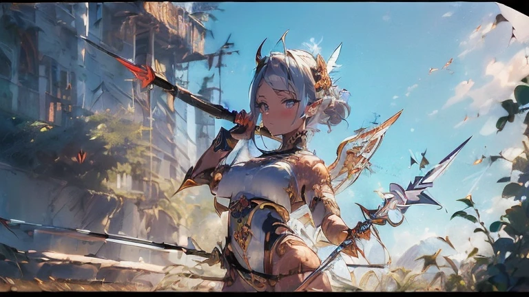 (best qualityer)),(Super high resolution),(ultra detali),(meticulous portrait),((The softest work of art),Ultra-precision art,The art of surprising representation, Fantasyart:1.5, (female angel wielding a spear:1.7),Beautiful and well-groomed face:1.5,brave face:1.3,(toned body:1.6),((Stab a spear into the demon that is hiding at the bottom of the screen.:1.8))