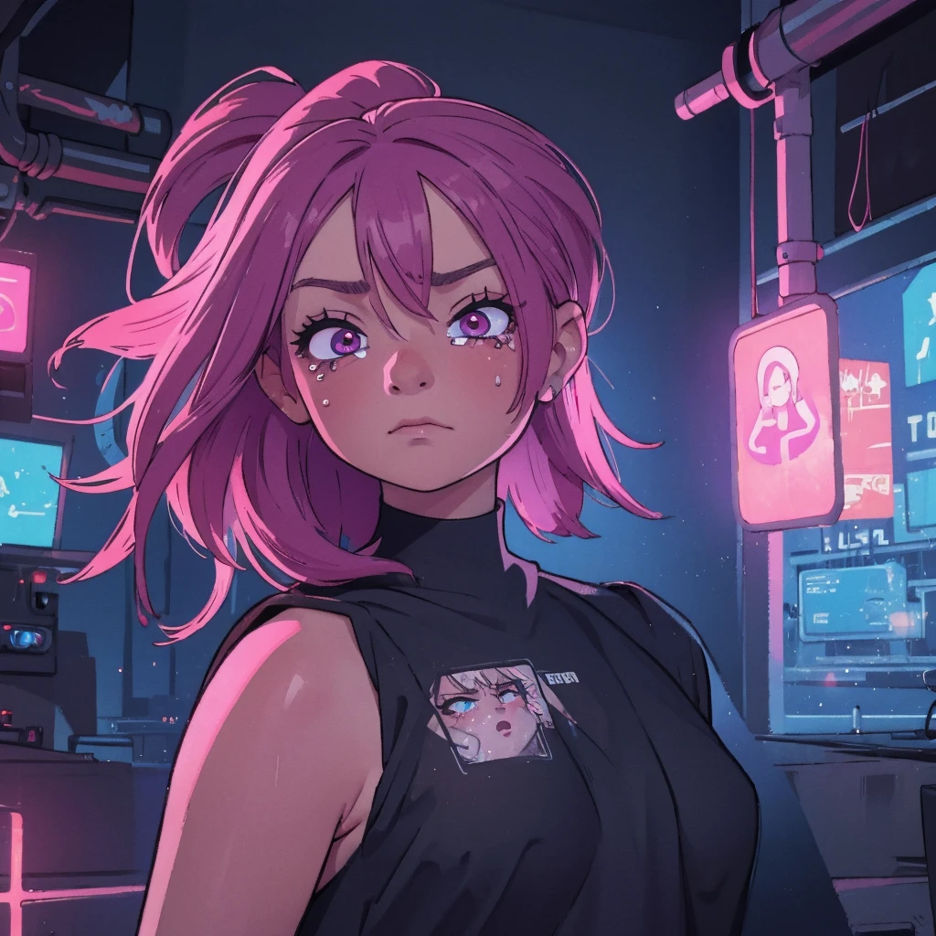 "Create a highly detailed, dark, and disturbing scene featuring a young woman with long, disheveled hair, partially covering her face. She should have a distressed, vacant expression, with wide, bloodshot eyes and visible tears and bloodstains running down her face In front of her face, she holds a large syringe vertically, filled with a bright pink liquid and blue lights, creating a strong contrast and a cyberpunk aesthetic. overall should be highly detailed and realistic, with an emphasis on disturbing and macabre elements, combined with surreal and cyberpunk touches."