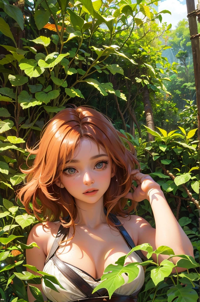 a young woman with tanned skin, amber eyes, short reddish-blonde hair, wearing a torn top and torn skirt, in a jungle setting, (best quality,4k,8k,highres,masterpiece:1.2),ultra-detailed,(realistic,photorealistic,photo-realistic:1.37),detailed portrait,detailed jungle environment,warm color tones,natural lighting,cinematic composition,intricate details,lush foliage,vines,flowers,birds,butterflies