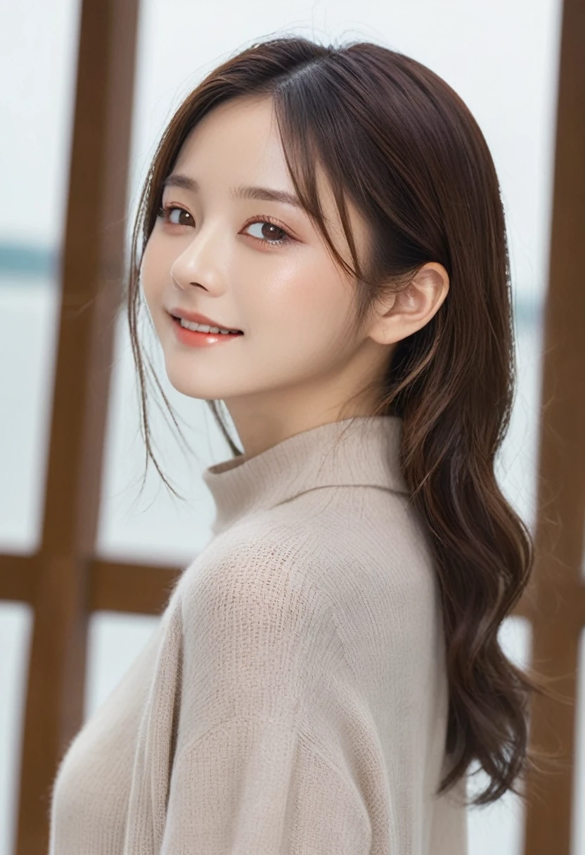 masterpiece, upper body shot profile, 18-year-old attractive 1girl、independent、Look forward、Light eye makeup、Brown Hair Color、Hair blowing in the wind、Quality of actress、Shiny, Ultra-realistic faces、smile、Watery eyes、look up、Soothing lighting effects、 Ultra-Realistic Capture、Very detailed、High resolution 16k human skin closeup, Skin texture must be natural、Must be so detailed that pores are visible、skin is healthy、Must be of knitwear tone、Use natural light and color、High quality photos taken by modeling agencies, Exclusive photographer、smile, loose and light weight knitwear, shoulder out, no bra, sleeveless, showing large sideboob of the huge breasts, glamorous body:1.3