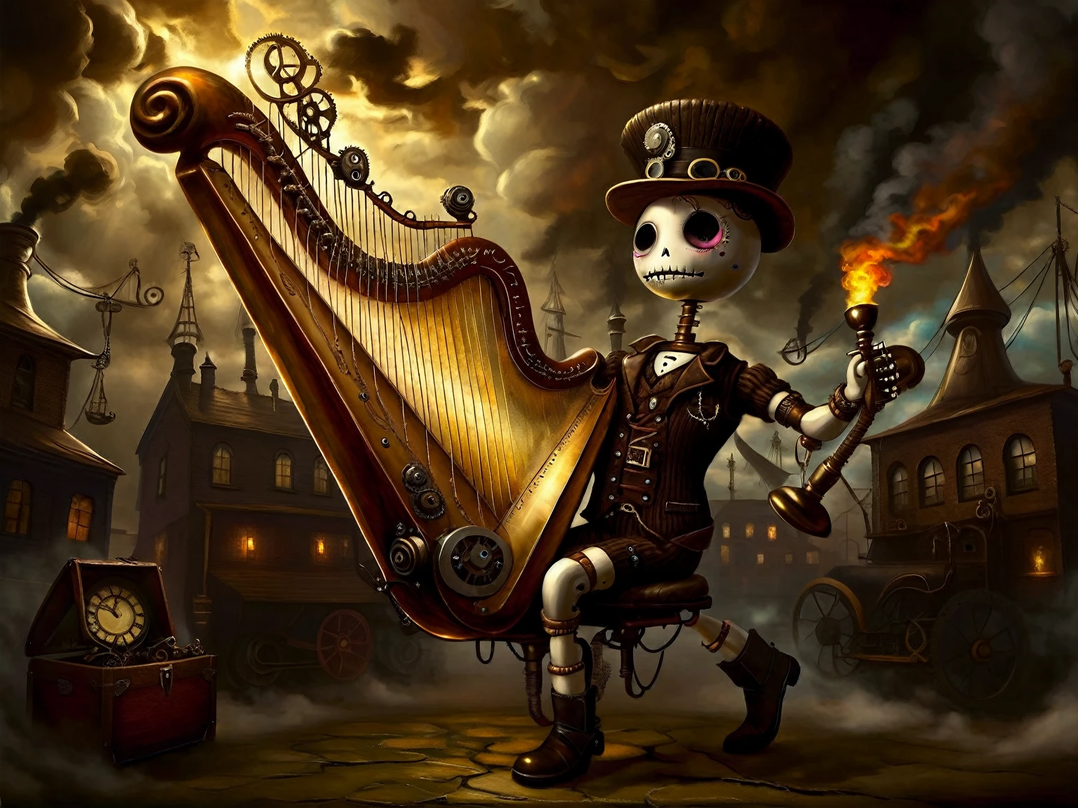 (voodoo doll playing knitted harp:1.2), (Voodoo Steampunk:1.3), (badass clothing: leather corset, aviator glasses, Gears and mechanical parts:1.0), (in the background steam engines, airships and Victorian buildings:1.2), best qualityer, work of art, detailed soft oil painting, detailed back ground, dramatic cinematic lighting, soft edge lighting, proffesional, dramatic lighting, hard edge lighting, ultra quality, 4K, work of art, best qualityer, 8K, ultra high definition, high resolution, extremely detaild, perfect details of the harp.