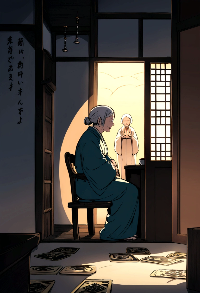 It is a dimly lit room with only a table and chairs. At the back of the room is a Buddhist altar and a Shinto altar. The setting sun is shining through the window. The entire room is dimly lit. An elderly woman over 70 years old, with gray hair tied short, is sitting on a chair wearing a kimono or samue. She has benevolent eyes and a gentle smile. On the table are crystal balls, tarot cards, prayer beads, and sticks. The room smells of incense. An old woman sits quietly, pondering something. Calm music is playing on the video.
Translated with DeepL.com (free version)