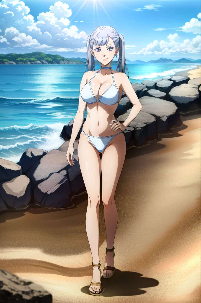 Noelle_BlackClover, earrings, twintails, jewelry, hand on hip, purple eyes, full body, standing, choker, grey hair, long hair, 1girl, solo, looking at viewer, smile, , lips, white bikini, , small waist, thick thighs, nice thighs, , in water, wet, at beach, ocean, waves, clear water, sunny sky, bright day, clear sky, , perfect quality, good quality, masterpiece, HDR, UHD, 4K, ultra hd, in frame, perfect quality, good quality,