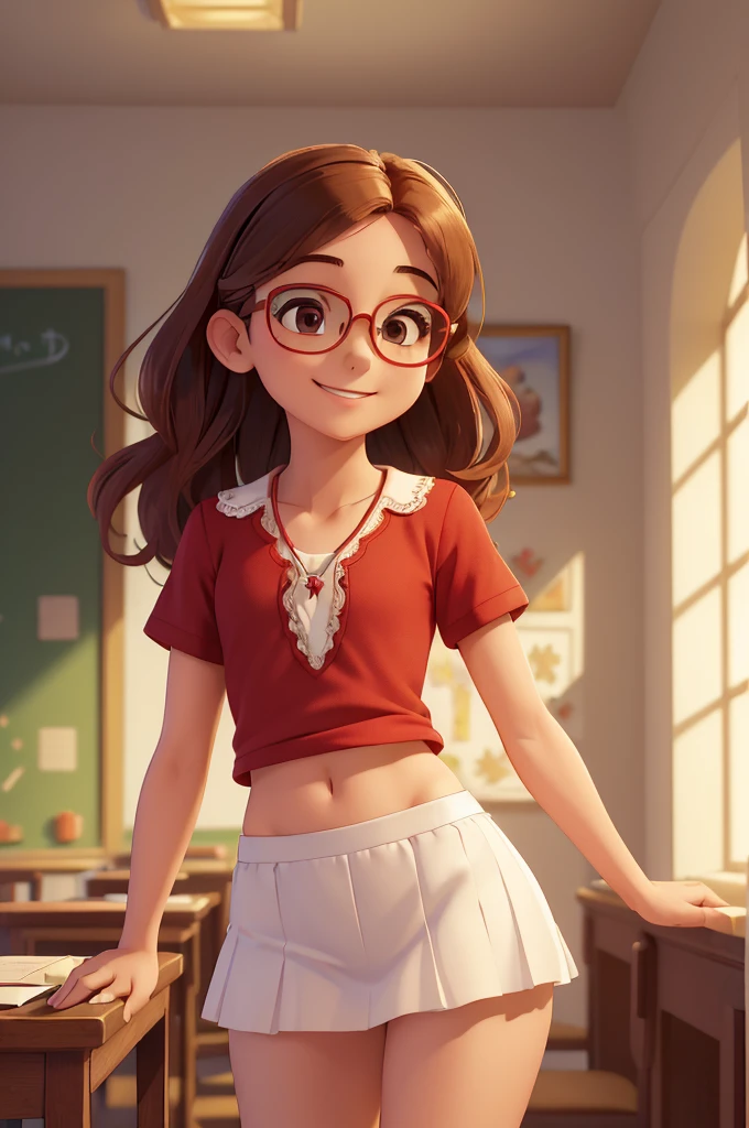 (A small chest:1.3),(Masterpiece, Best quality:1.4), (Beautiful, Aesthetic, Perfect, Delicate, Intricate:1.2),((Best quality)), ((Masterpiece)), (Detailed),(A high resolution:1.2), Classroom, An adult female, Smiling Claudia Chever, Red shirt, White skirt, Glasses, Bend over, angle of view, ass sexy panties