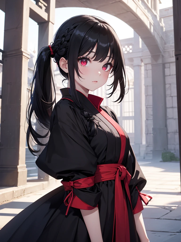 (8K, Best Quality, Masterpiece, Ultra High Resolution) 1 Girl, Very Young, Beautiful Eyes, Face Details, Black Hair, Pigtail Braids, Red Eyes, Pale Skin, Short Formal Dress, Cute Black Dress, Standing in Japanese Castle, Masterpiece, Best Quality, Upper Body, Looking at the Viewer, Close Up
