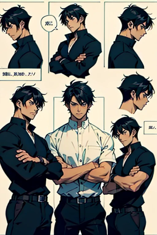 Guy with short black hair crossing arms , manga page with panels and dialogue  