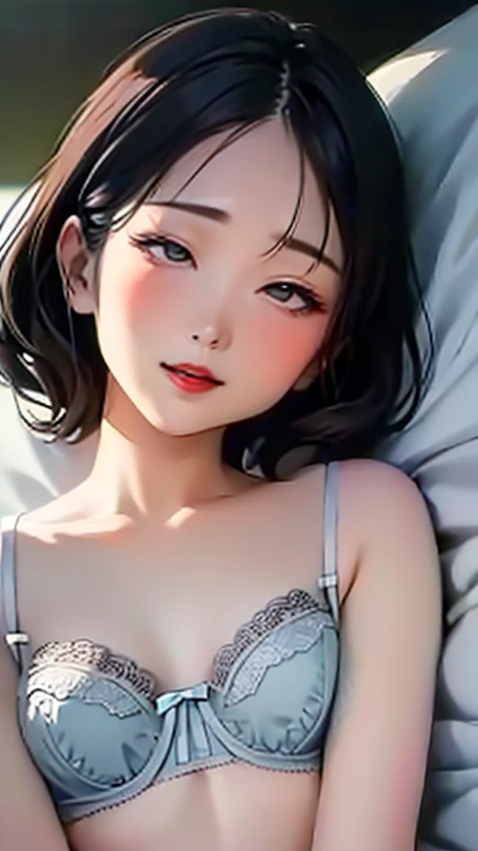 (Top quality masterpiece:1.2) Delicate illustrations, Very detailed, /Beautiful Japanese Woman、1 person,Very cute and slim、Great style 、((8K images、super high quality))、Very delicate face, beautifule forehead、shout、Bright red lipstick,very cute、Kind eyes,((((lingerie))))、Sleeping in bed、joy、joy、Laughter