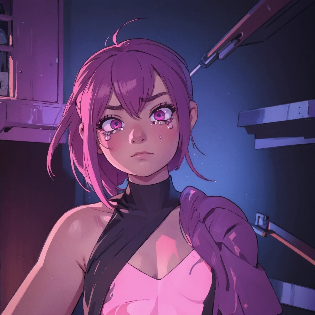"Create a highly detailed, dark, and disturbing scene featuring a young woman with long, disheveled hair, partially covering her face. She should have a distressed, vacant expression, with wide, bloodshot eyes and visible tears and bloodstains running down her face In front of her face, she holds a large syringe vertically, filled with a bright pink liquid and blue lights, creating a strong contrast and a cyberpunk aesthetic. overall should be highly detailed and realistic, with an emphasis on disturbing and macabre elements, combined with surreal and cyberpunk touches."