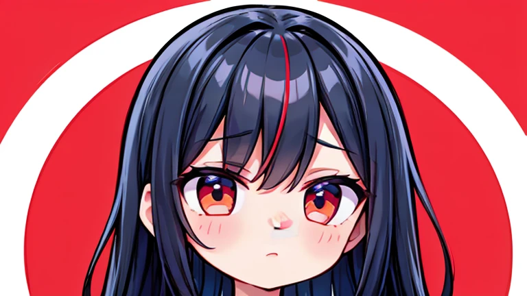 (best qualityer,4K,high resolution), 18 years old woman, Red Mesh Hair on Black Hair, Long and straight shiny hair, innocence，sharp eye、Eyes red、small-nose、eyeliner、 disheveled、Luxury black silk babydoll、 face、Place your index finger on your head、BNG、Comic appearance，comic strip，and souls，Illustrates??the deformed cute、Delicately expresses realistic skin texture、Reproduction of muscle texture、White and red contrasting background