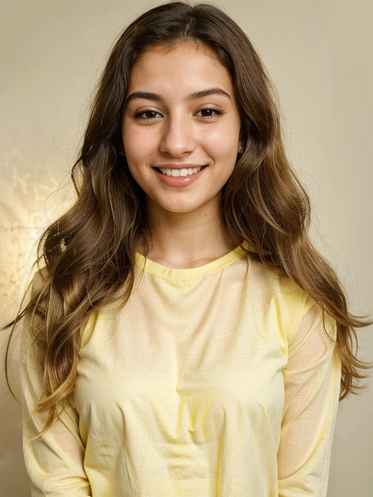 20YO, small nose, one women,attractive, Jordanian, Arab, Bright Yellow shirt, cute smile, cute face, white teethes, skinny face, light brown eyes, black/blonde long hair, modest