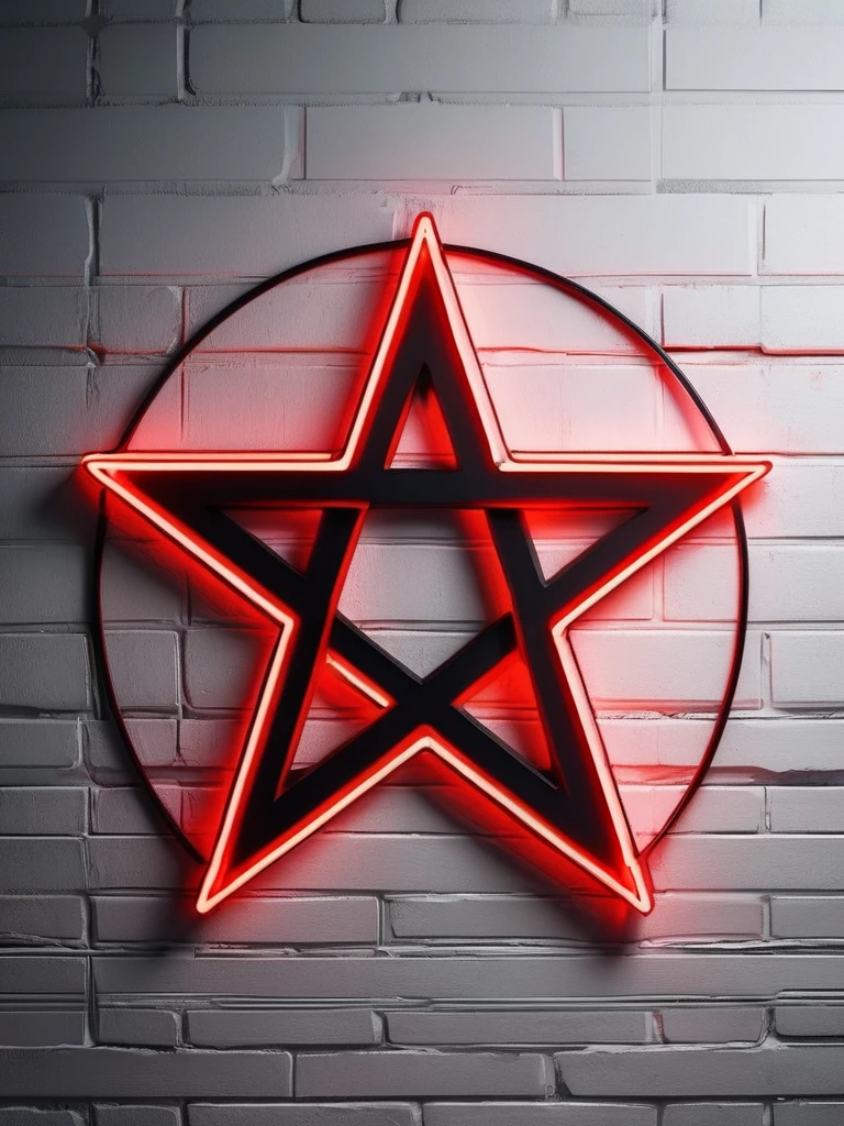 WHITE WALL BACKGROUND, inverted pentagram symbol, neon lights drawn on the wall, Red color, black and dark gray, scary environment, SMOOTH WHITE WALL BACKGROUND