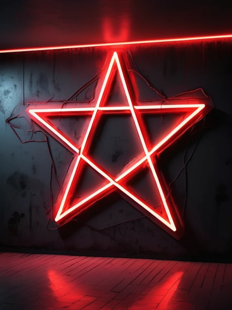 WHITE WALL BACKGROUND, inverted pentagram symbol, neon lights drawn on the wall, Red color, black and dark gray, scary environment, SMOOTH WHITE WALL BACKGROUND