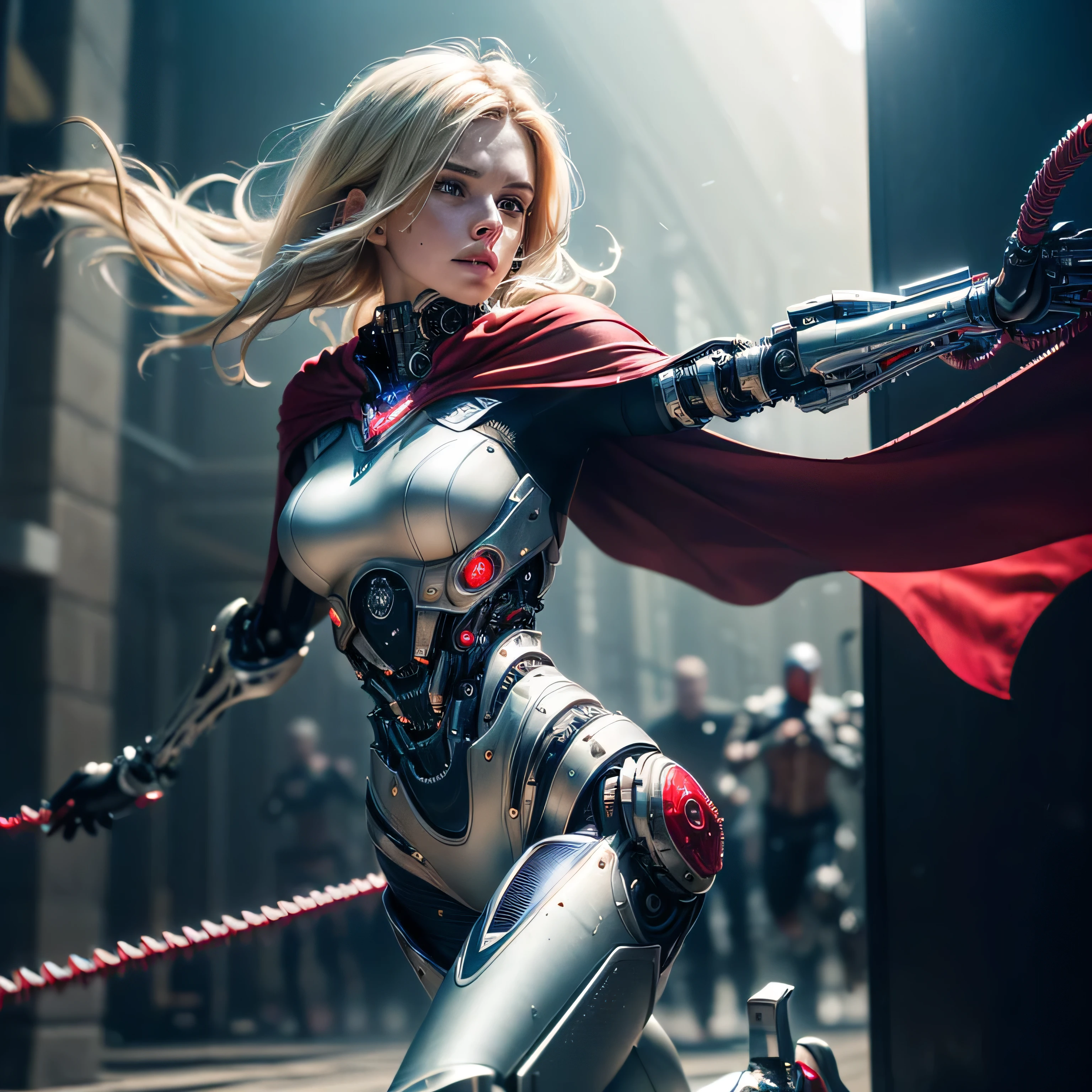 (masterpiece, photorealistic:1.4, extremely intricate:1.3), (photon mapping, radiosity, physically based rendering, ultra resolution, hyper-realistic, hyper-realistic, 8K, (dtx)),  supermodel , ((lacquered white perfectchainmail armor:0.8, ((mechanical limbs, cybernetic arms, futuristic cyborg, ((weapon, razorwhip))), tattered red cape), intense, [skin detail:freckles:0.8])), metal reflections, blank background, empty room, dark room, black background, no scenery, professional photograph, (straight blonde hair, wind, windy, running dynamic movement pose, arm raised), sharp focus, dramatic, award winning, (film grain, bokeh, interaction)
