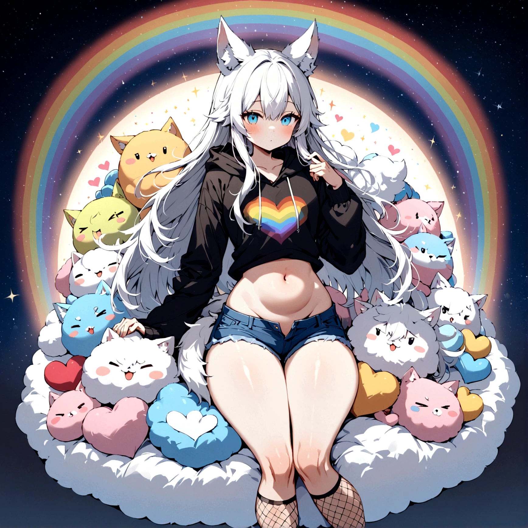 a cute adult male with wolf ears, long white hair, long locks, has a wolf tail, wearing a loose cropped black hoodie, wearing a pair of denim short shorts and fishnet stockings, thick thighs, wide hips, relaxing on mound of fluffy multi colored kawaii plushies, short, very slim, showing slender tummy, heart on hoodie, squishy thighs, has glowing blue eyes. alone, solo (ALONE)(SOLO), surrounded by rainbows, colorful galaxy backround