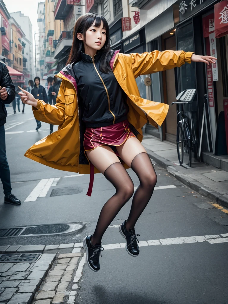 Levitation photography, an chinese women, wearing jacket and snicker,