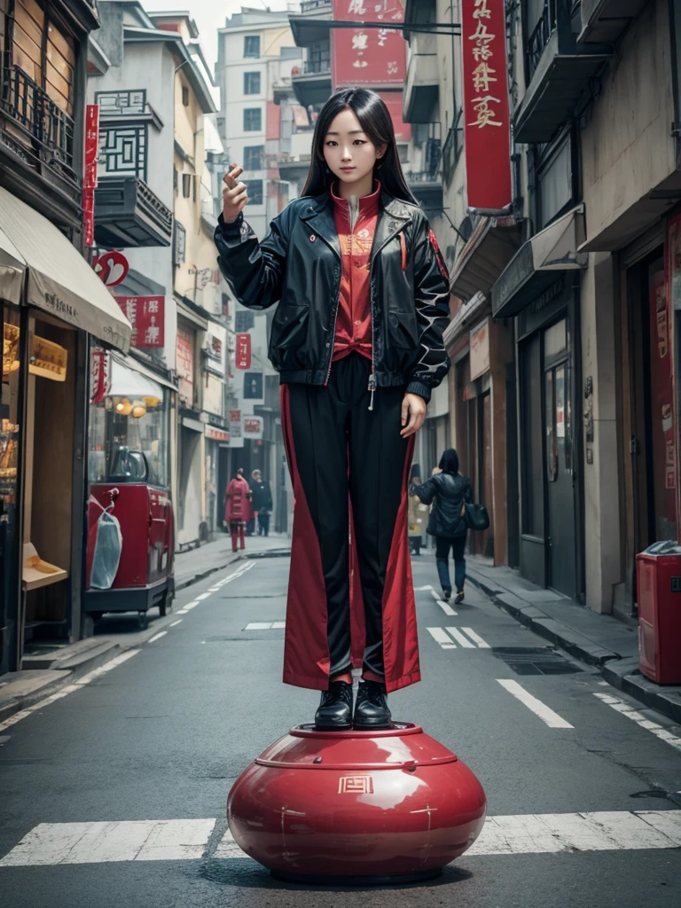 Levitation photography, an chinese women, wearing jacket and snicker,
