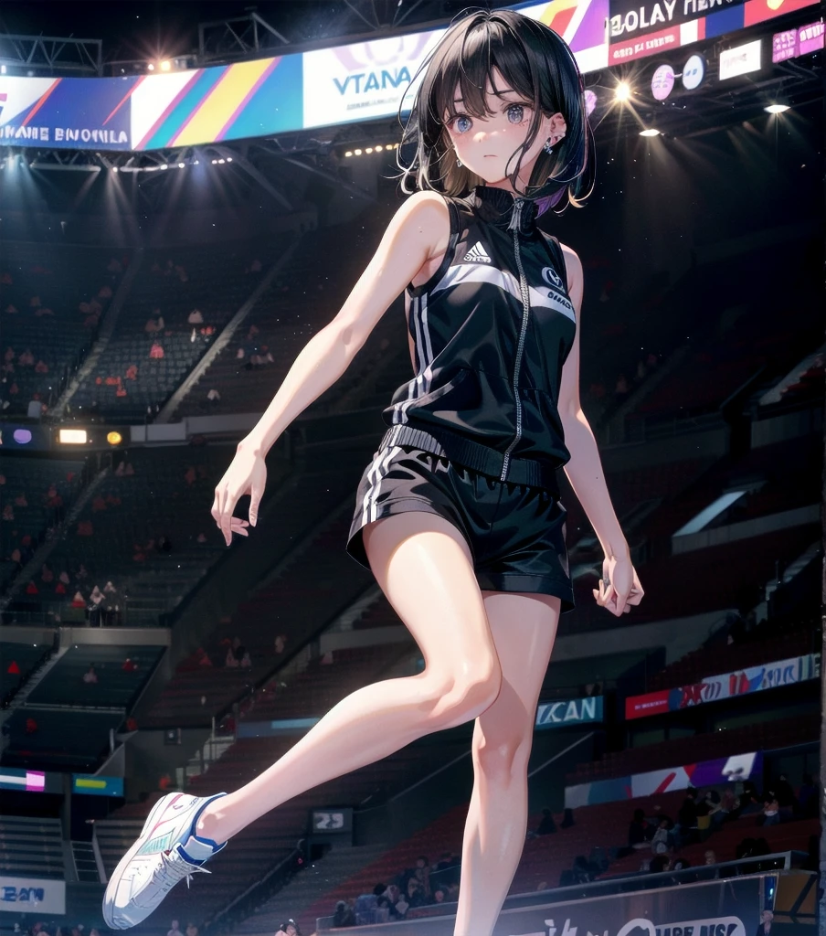 full body, delicate facial features, medium tits, medium hair, black hair, tearful mole, earring, tracksuit, (sleeveless, bare arms), shorts, stadium,