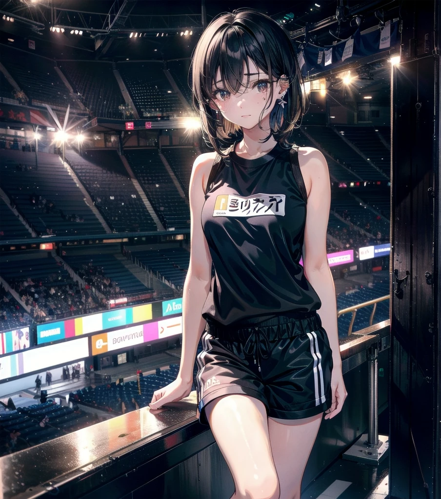 full body, delicate facial features, medium tits, medium hair, black hair, tearful mole, earring, tracksuit, (sleeveless, bare arms), shorts, stadium,