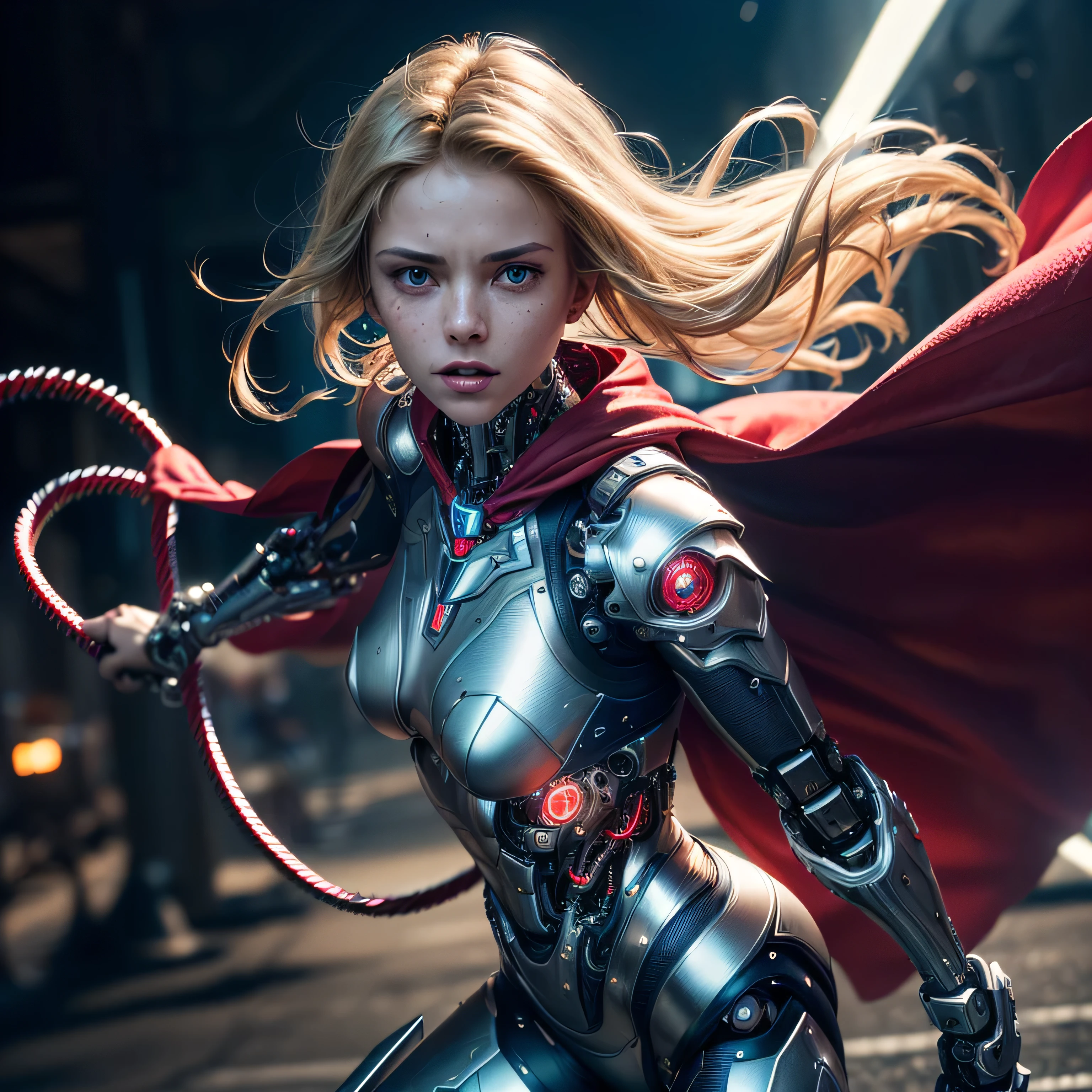 (masterpiece, photorealistic:1.4, extremely intricate:1.3), (photon mapping, radiosity, physically based rendering, ultra resolution, hyper-realistic, hyper-realistic, 8K, (dtx)), teen supermodel , ((lacquered white perfectchainmail armor:0.8, ((mechanical limbs, cybernetic arms, futuristic cyborg, ((weapon, razorwhip))), tattered red cape), intense, [skin detail:freckles:0.8])), metal reflections, blank background, empty room, dark room, black background, no scenery, professional photograph, (straight blonde hair, wind, windy, running dynamic movement pose, arm raised), sharp focus, dramatic, award winning, (film grain, bokeh, interaction)
