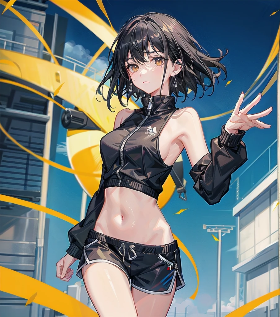 full body, delicate facial features, medium ????, medium hair, black hair, tearful mole, earring, tracksuit, (sleeveless, ???? arms), shorts, stadium,