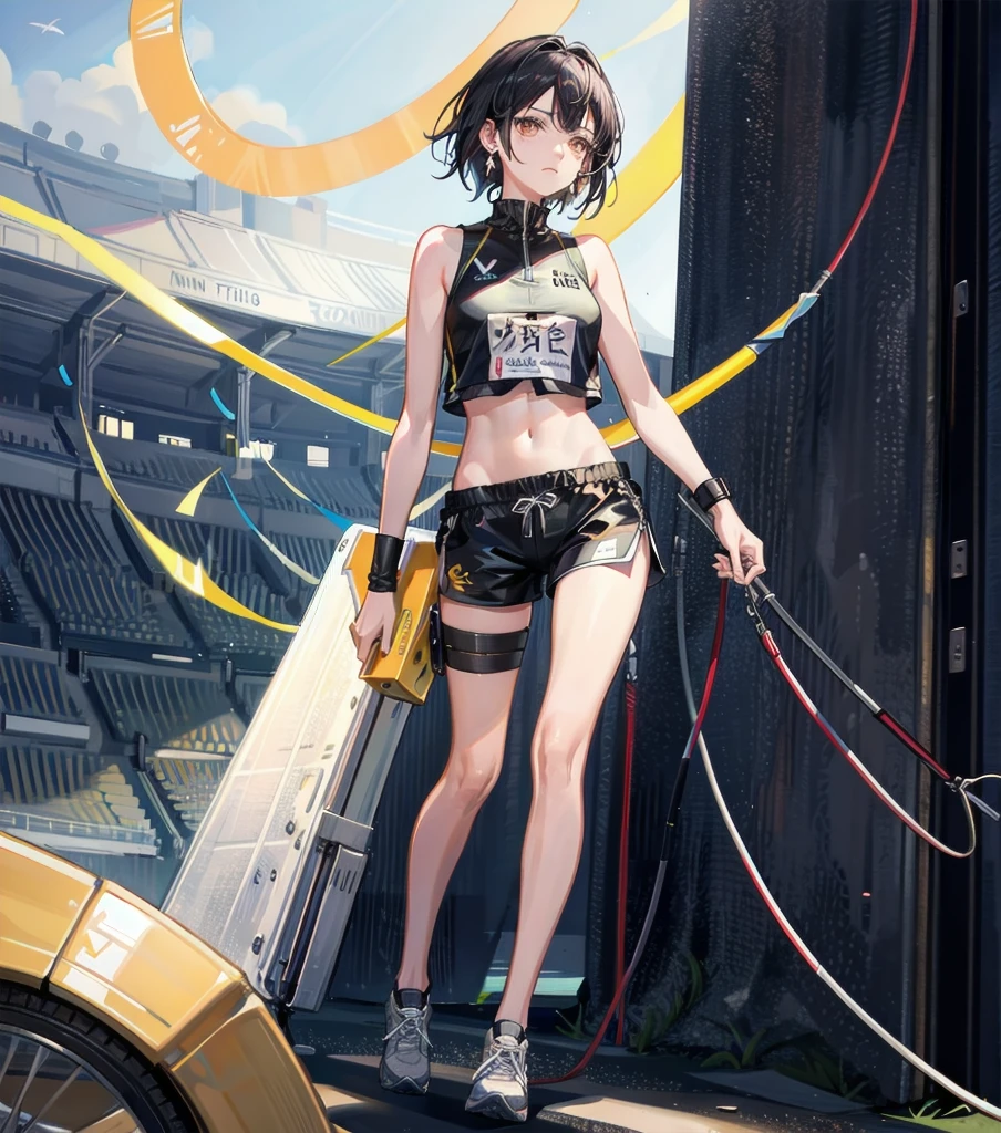 full body, delicate facial features, medium tits, medium hair, black hair, tearful mole, earring, tracksuit, (sleeveless, bare arms), shorts, stadium,