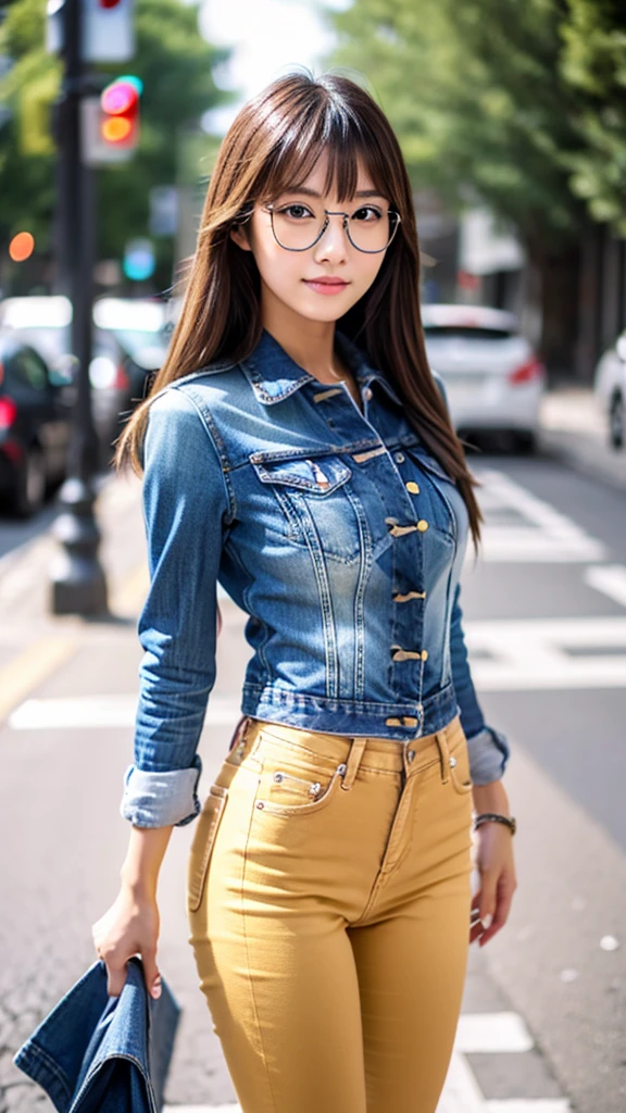 Cute tan Chinese girl wearing glasses, detailed skin tight jeans