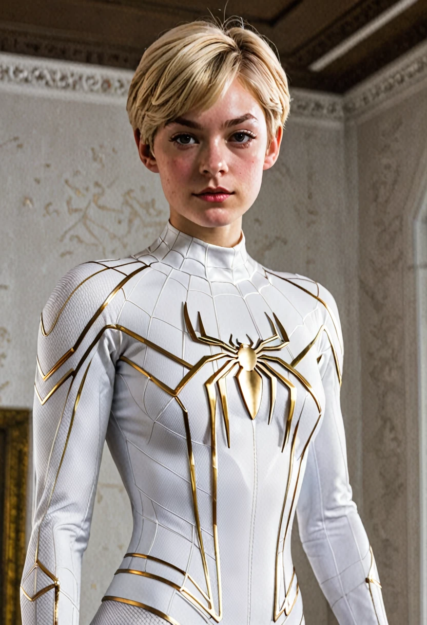 de 18 anos, spider man white suit, short blunt hair, blond, beautiful face, Raby, ceiling, work of art, intricate-detail, Perfect Anatomia