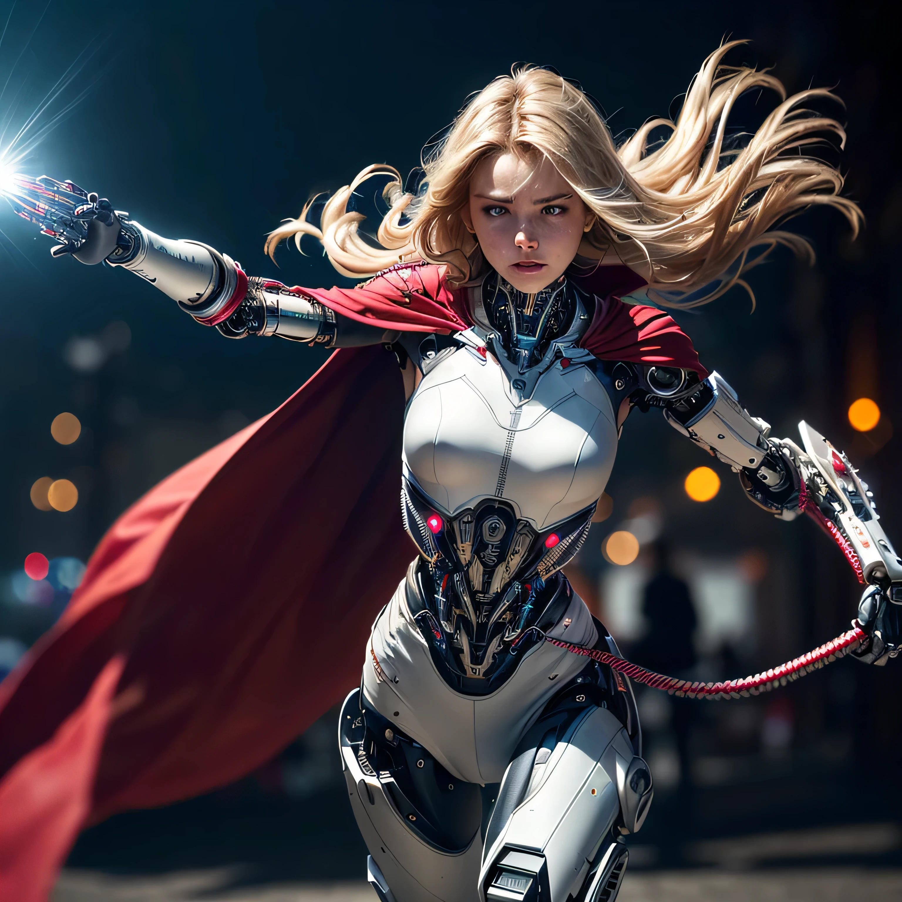 (masterpiece, photorealistic:1.4, extremely intricate:1.3), (photon mapping, radiosity, physically based rendering, ultra resolution, hyper-realistic, hyper-realistic, 8K, (dtx)), teen supermodel , ((lacquered white perfectchainmail armor:0.8, ((mechanical limbs, cybernetic arms, futuristic cyborg, ((weapon, razorwhip))), tattered red cape), intense, [skin detail:freckles:0.8])), metal reflections, blank background, empty room, dark room, black background, no scenery, professional photograph, (straight blonde hair, wind, windy, running dynamic movement pose, arm raised), sharp focus, dramatic, award winning, (film grain, bokeh, interaction)
