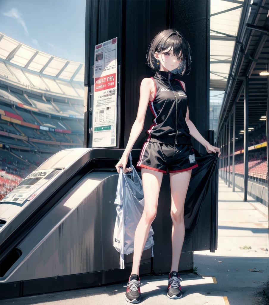 full body, delicate facial features, medium tits, medium hair, black hair, tearful mole, earring, tracksuit, (sleeveless, bare arms), shorts, stadium,