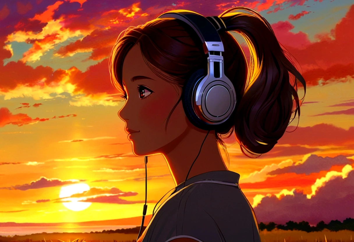 A young woman with headphones, entranced by the stunning sunset before her. She radiates peace and contentment, her eyes reflecting the warm hues of the sky as she basks in the glow of nature's beauty. This scene is portrayed in a beautifully detailed anime-style painting, capturing the girl's serene expression and the vibrant colors of the setting sun. The cozy atmosphere of her home is evident in the warm lighting and comfortable surroundings, enhancing the overall sense of tranquility and comfort emanating from the image.